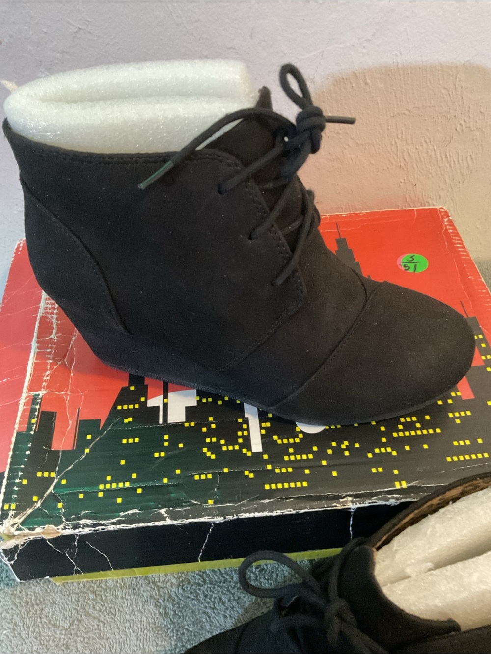 City Streets Black Lace-Up Wedge Ankle Booties - Picture 2 of 4